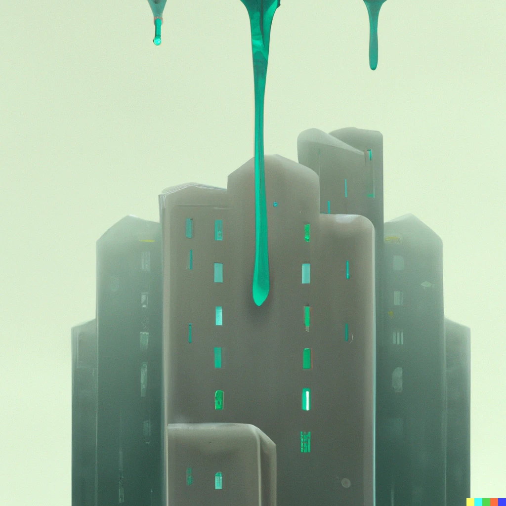 Prompt:  apartment buildings dripping  in clear slime digital art 