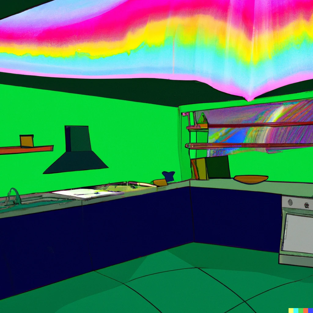 Prompt: an Aurora Borealis  localized entirely within a kitchen, simpsons animation style