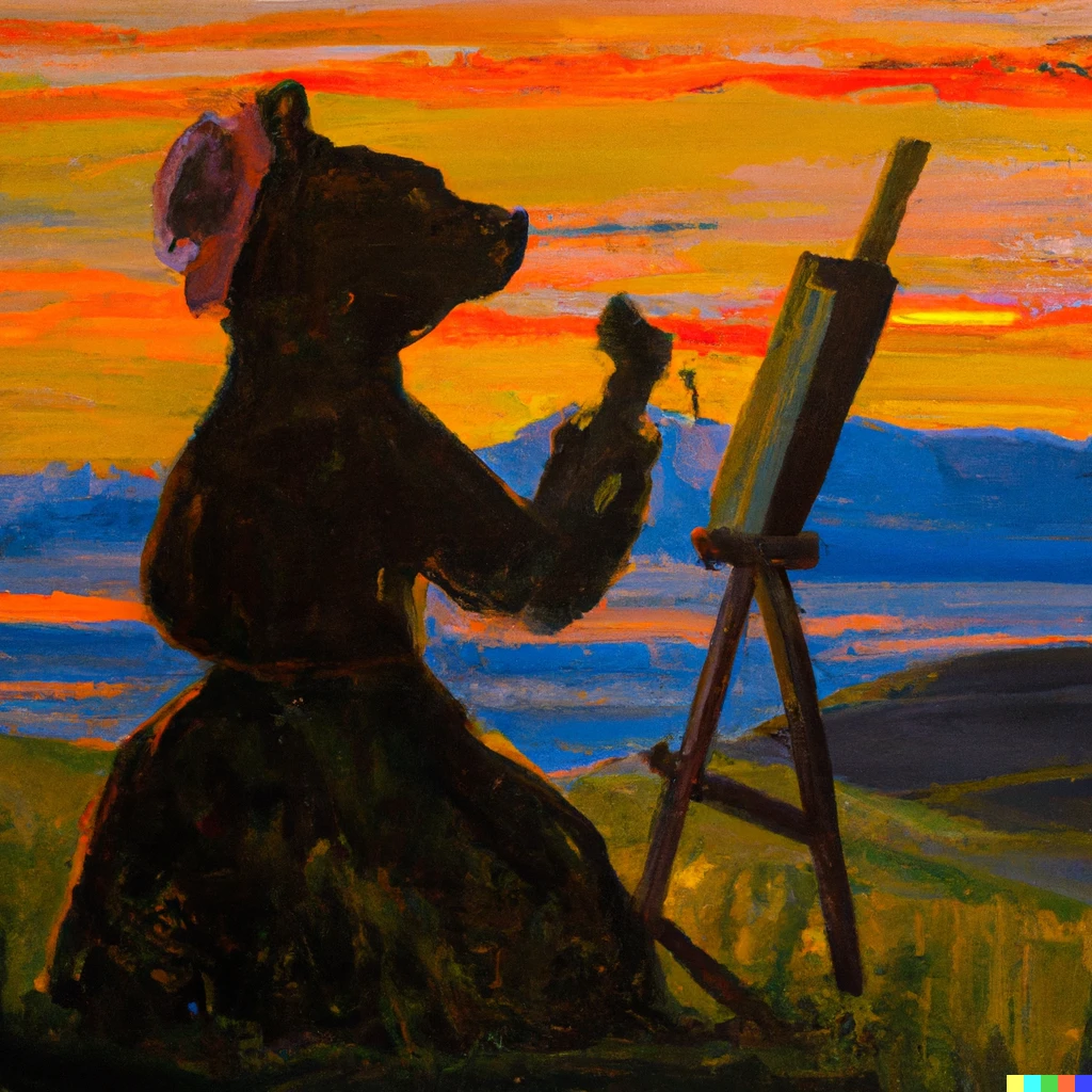 Prompt: An impressionist painting of an anthropomorphic bear lady painting a sunset