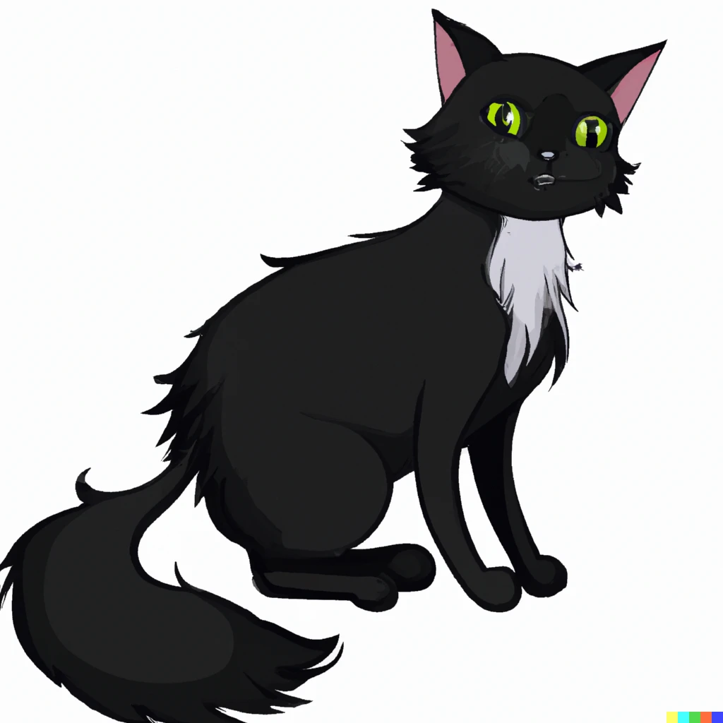 Prompt: Cartoon style. A black cat with long black fur. She has a white stomach and chest. This cat looks mischievous and playful. This cat is female. This cat has good intentions. Full body shot of the cat. 
