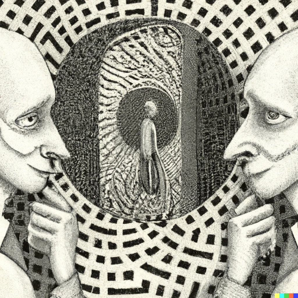 Prompt: The paradoxal doublethinking happening within man mind, surrealist, by Escher