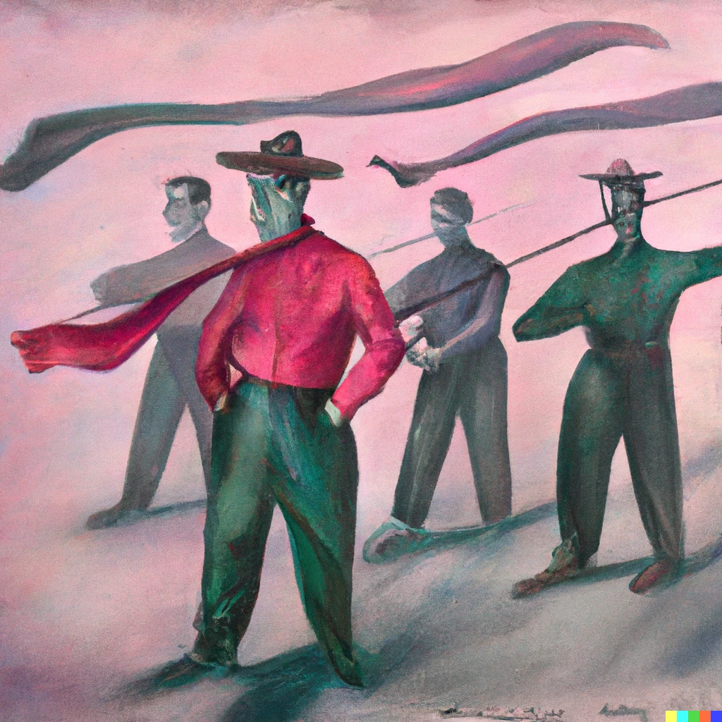 Prompt: The invisible and mysterious wind driving men forward, against which they are powerless, painted by Frida Kahlo