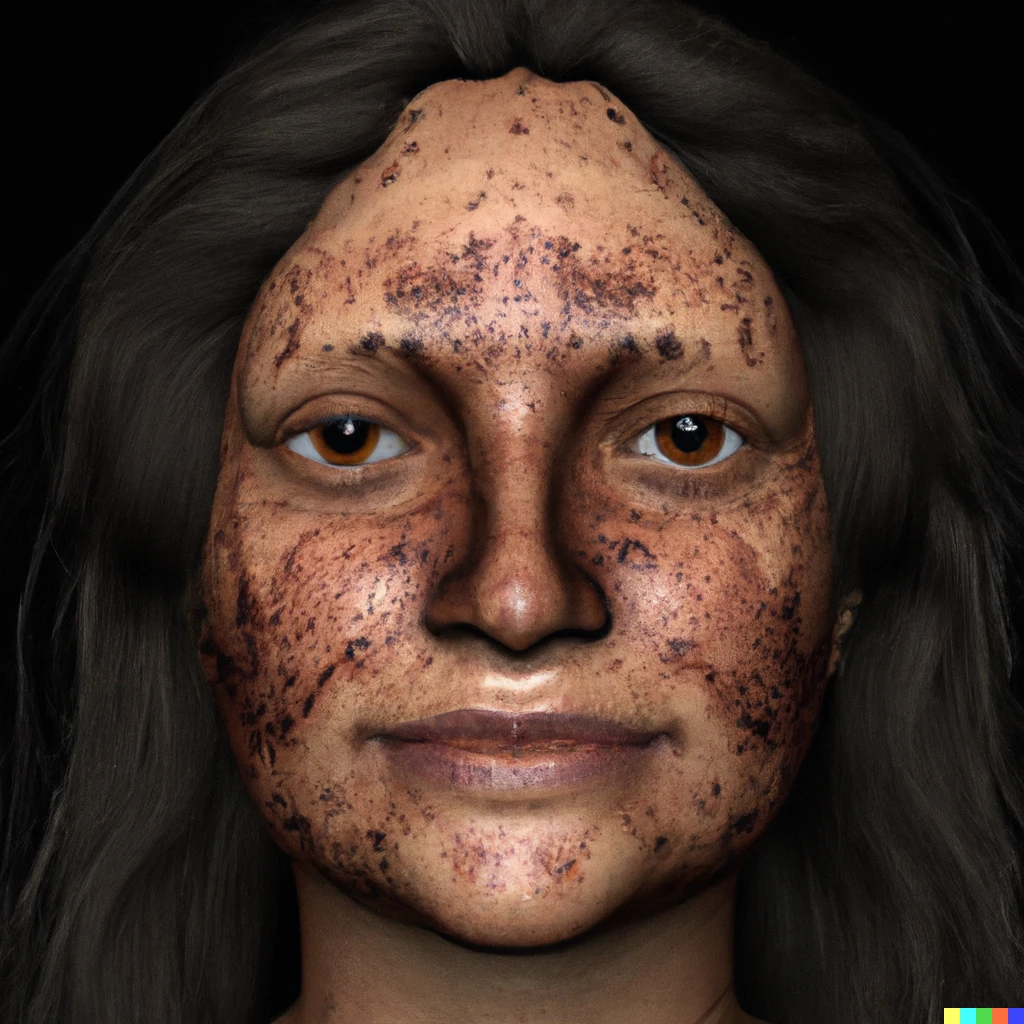 Prompt: Close up on Luzia Woman's face, upper Paleolithic period skeleton of a Paleo-Indian, hyper detailed, theatrical lighting, cave background, hyper realistic, octane, 4k