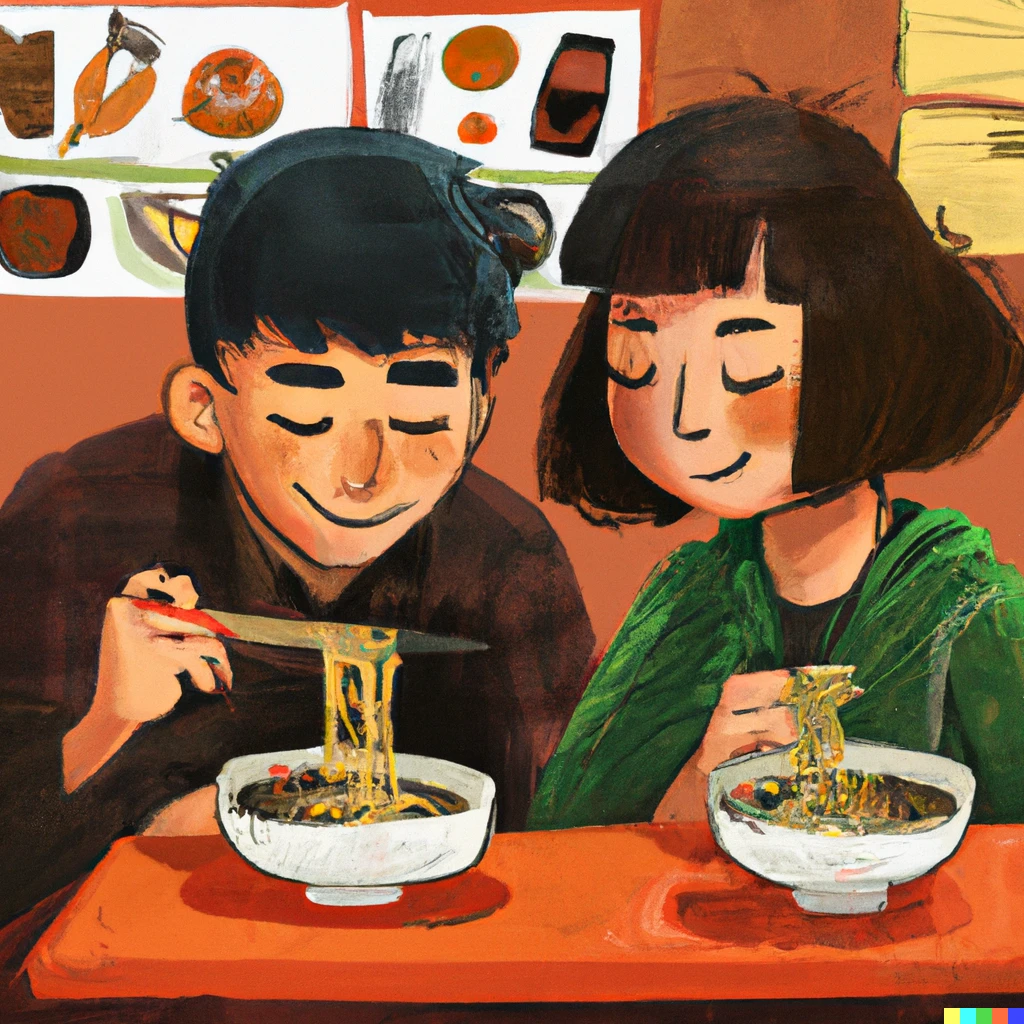 Prompt: A couple having ramen noodles in a japanese restaurant in kyoto as cartoon