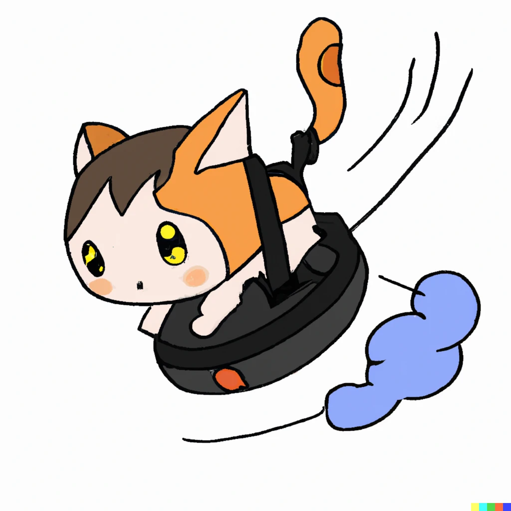 Prompt: A cat riding a flying roomba Anime style