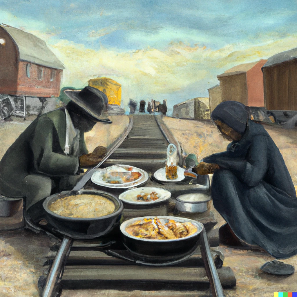 Prompt: A realistic oil painting of two hobos sitting at a table full of food over train tracks. The table is at the center of the image. A train approaches in the background