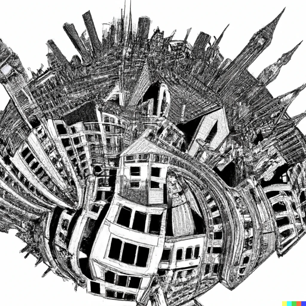 Prompt: An M.C. Escher inspired landscape of the London Skyline