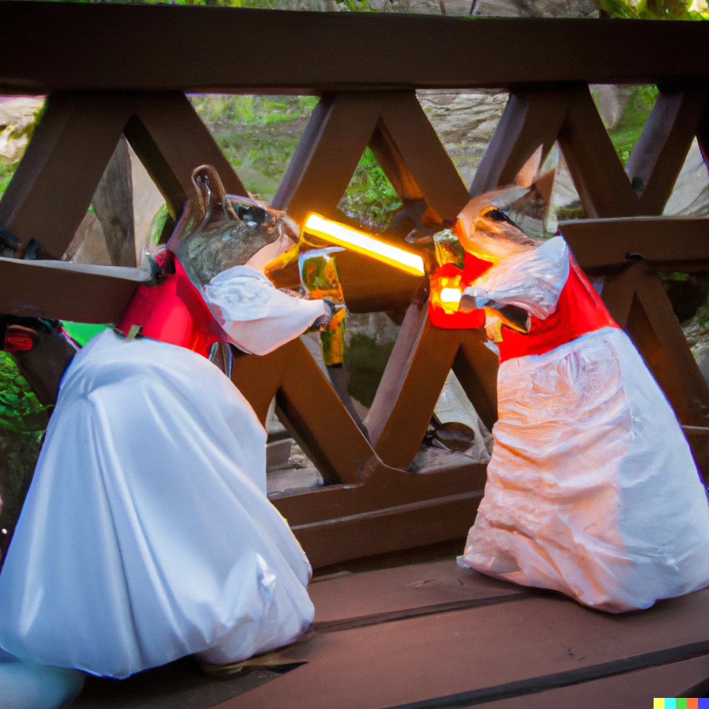 Prompt: two gigantic squirrels wearing wedding dresses fighting with lightsabers on a bridge