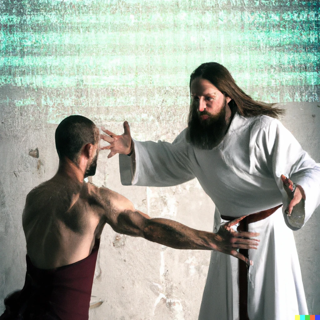 Prompt: Jesus fighting Neo in a matrix dojo