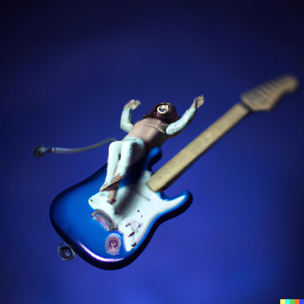 Prompt: photo of Skydiving Jesus with a blueberry burst fender stratocaster 