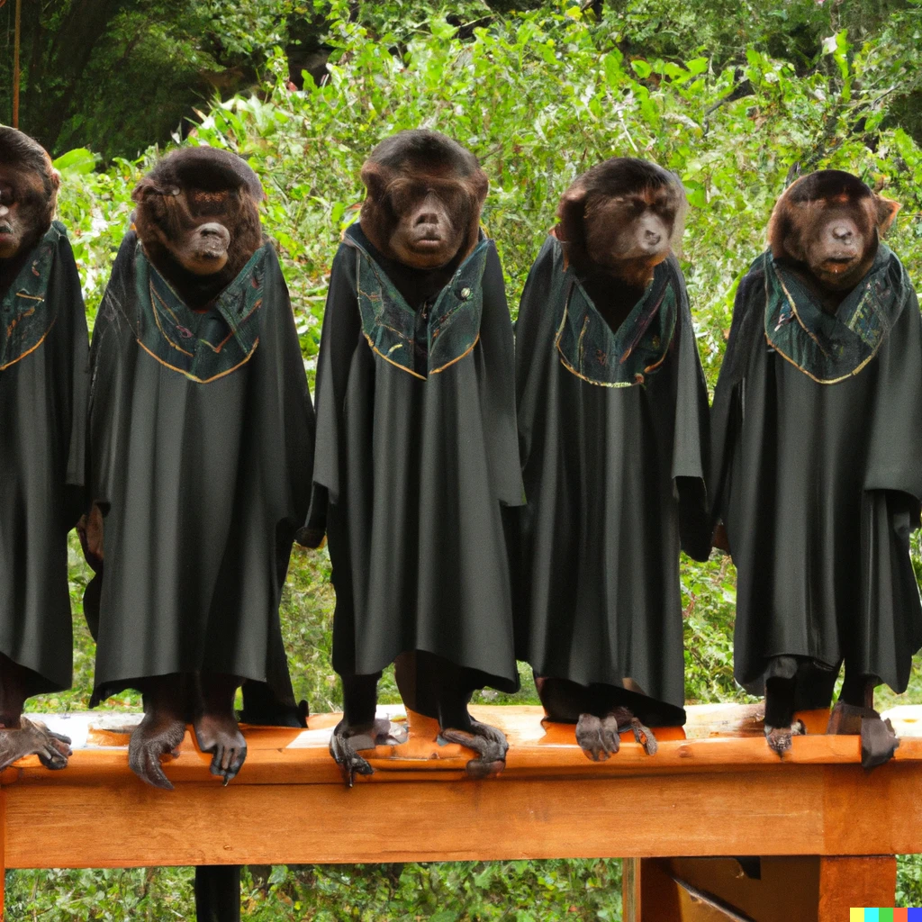 Prompt: 6 Howler monkeys wearing judicial robes