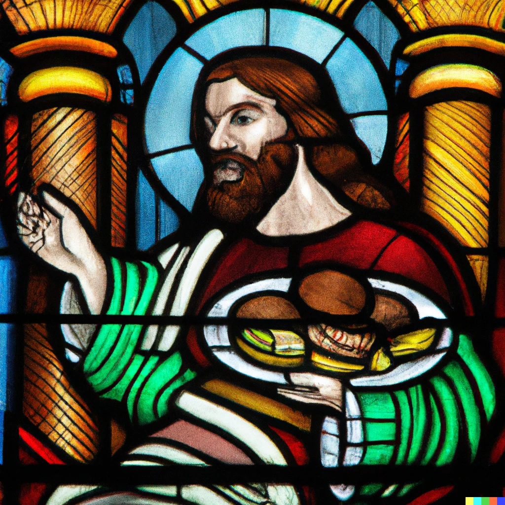 Prompt: Stained Glass window depicting Jesus feeding the masses hamburgers and french fries