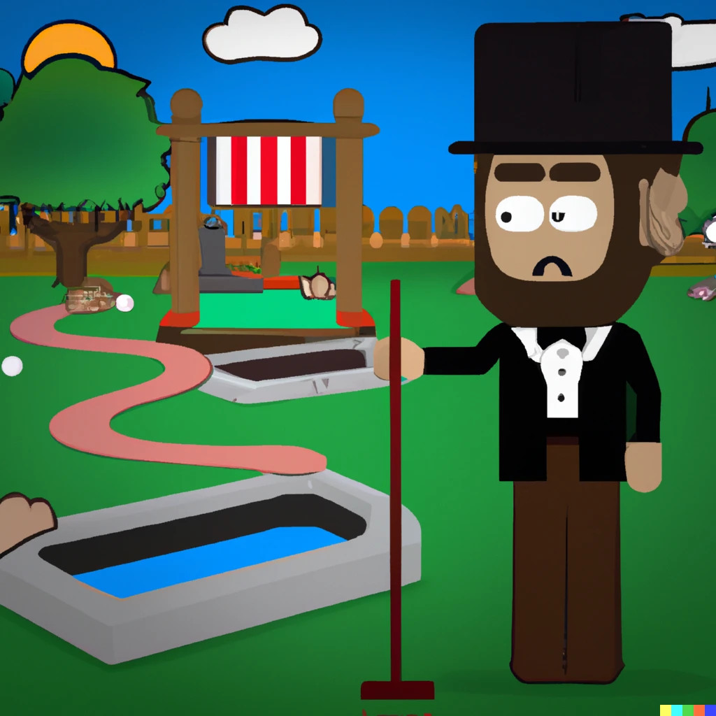 Prompt: Abraham Lincoln playing miniature golf in the style of South park