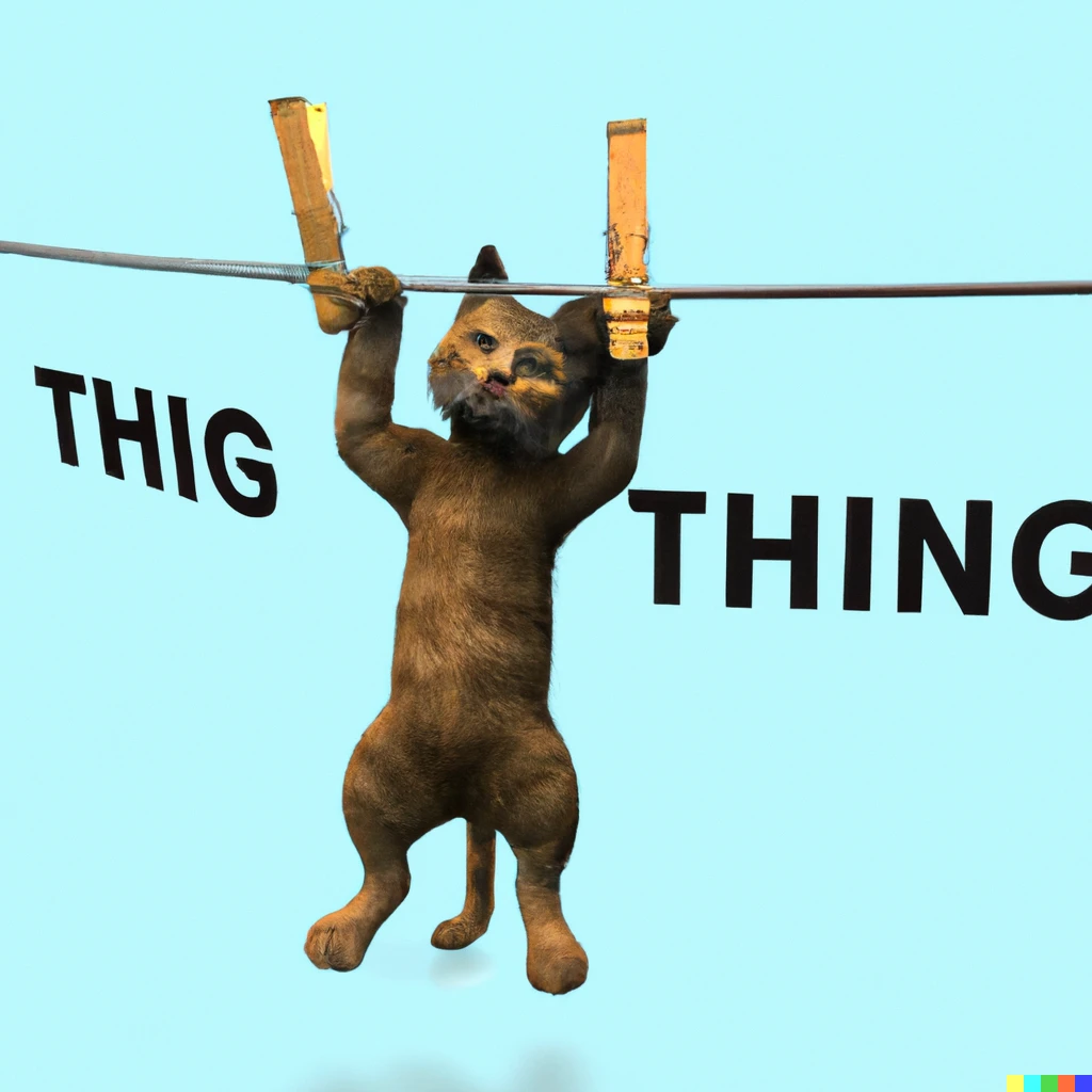 Prompt: 3d render of a realistic cat holding on to a clothes line with the caption "hang in there" 