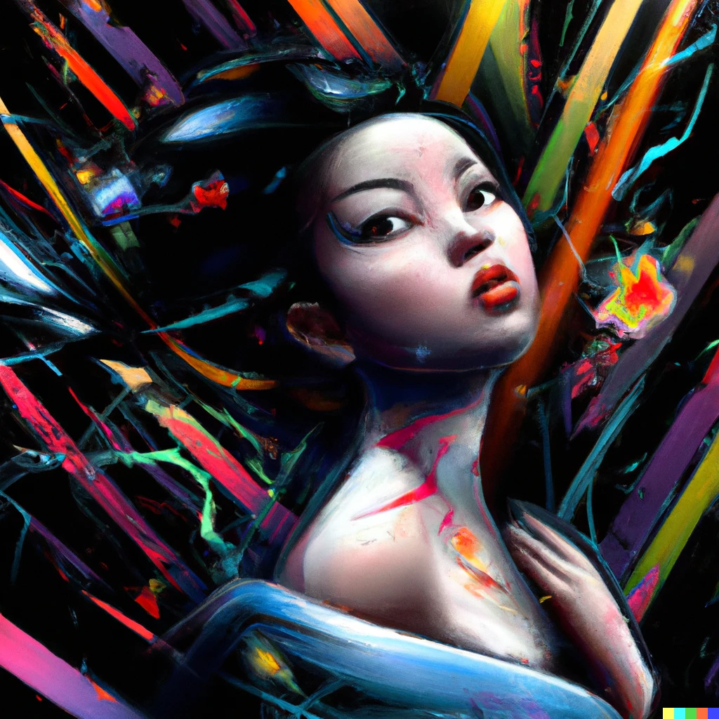 Prompt: "Young Geisha with exposed white shoulder on Black Background surrounded by ray of colours" by Dan Kitchener, Digital Art