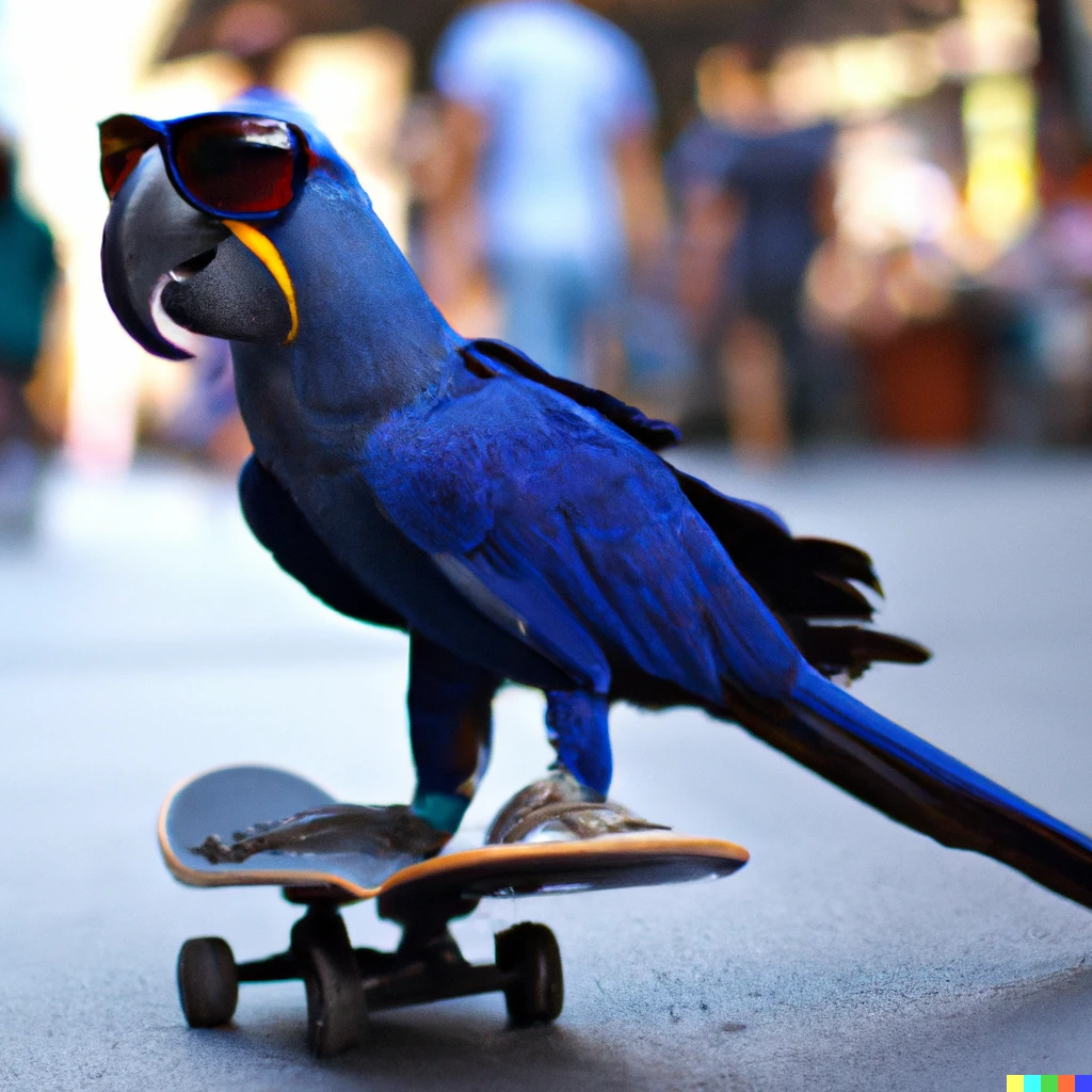 Prompt: a photo of a hyacinth macaw wearing sunglasses on a skateboard in Times Square