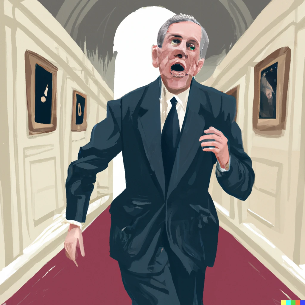 Prompt: George Kennan running through the halls of the State Department, crying. digital art