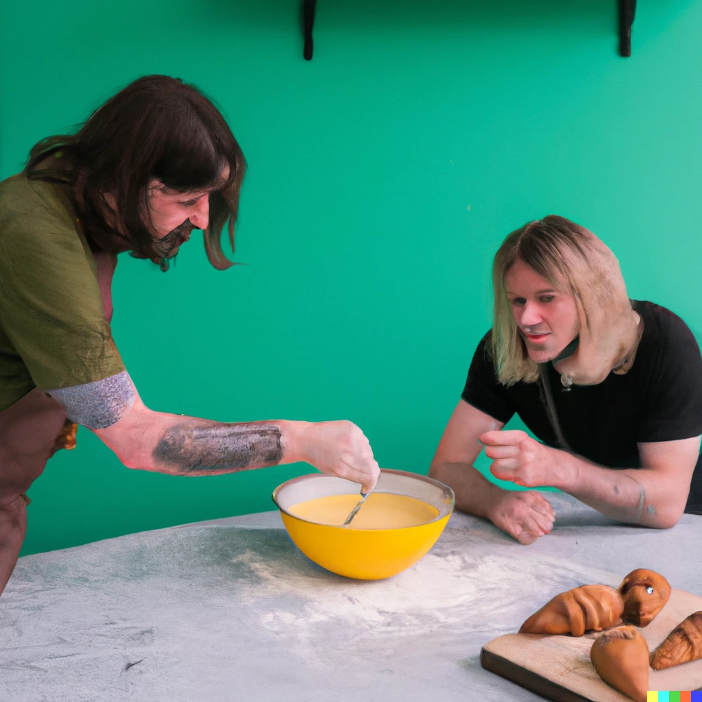 Prompt: Dave Grohl showing Kurt Cobain how to make croissants in a green kitchen