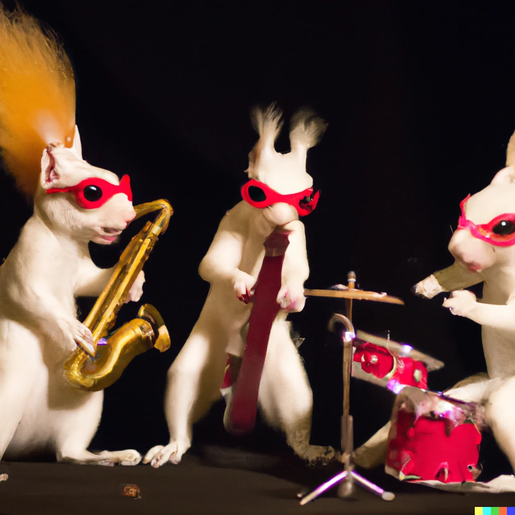 Prompt: Muppet style Albino squirrels with red eyes playing in a jazz band