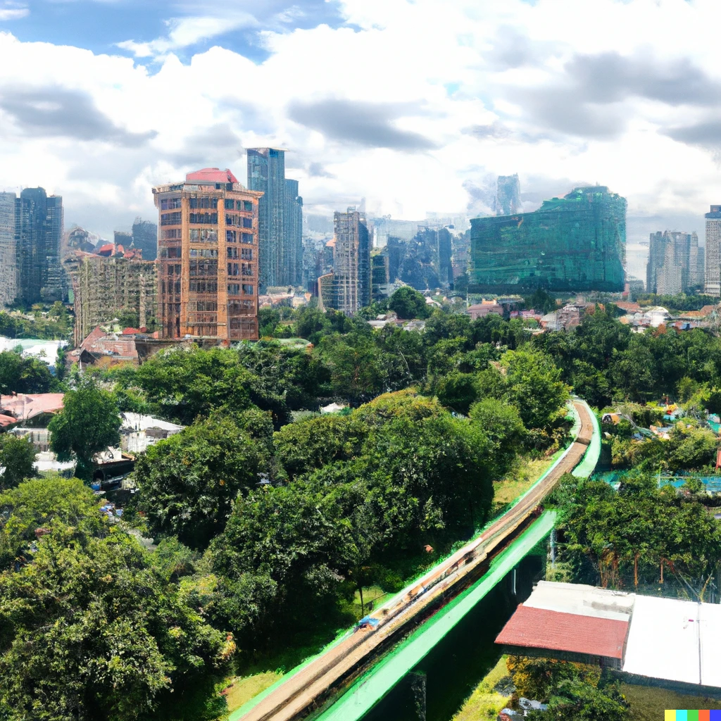 Prompt: A photo of Metro Manila as a walkable city with lots of green spaces and a beautiful overground MRT system