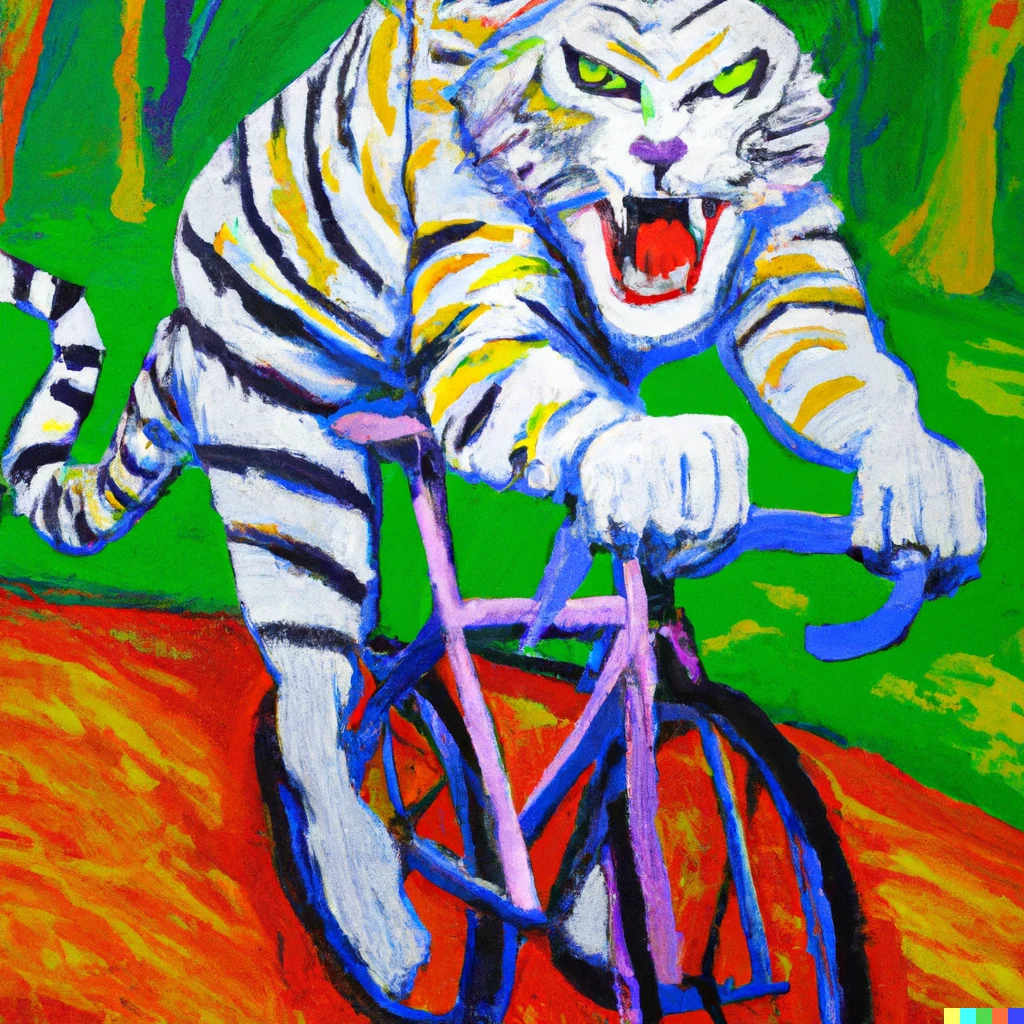 Prompt: A fauvist painting of a white tiger winning the Tour de France 