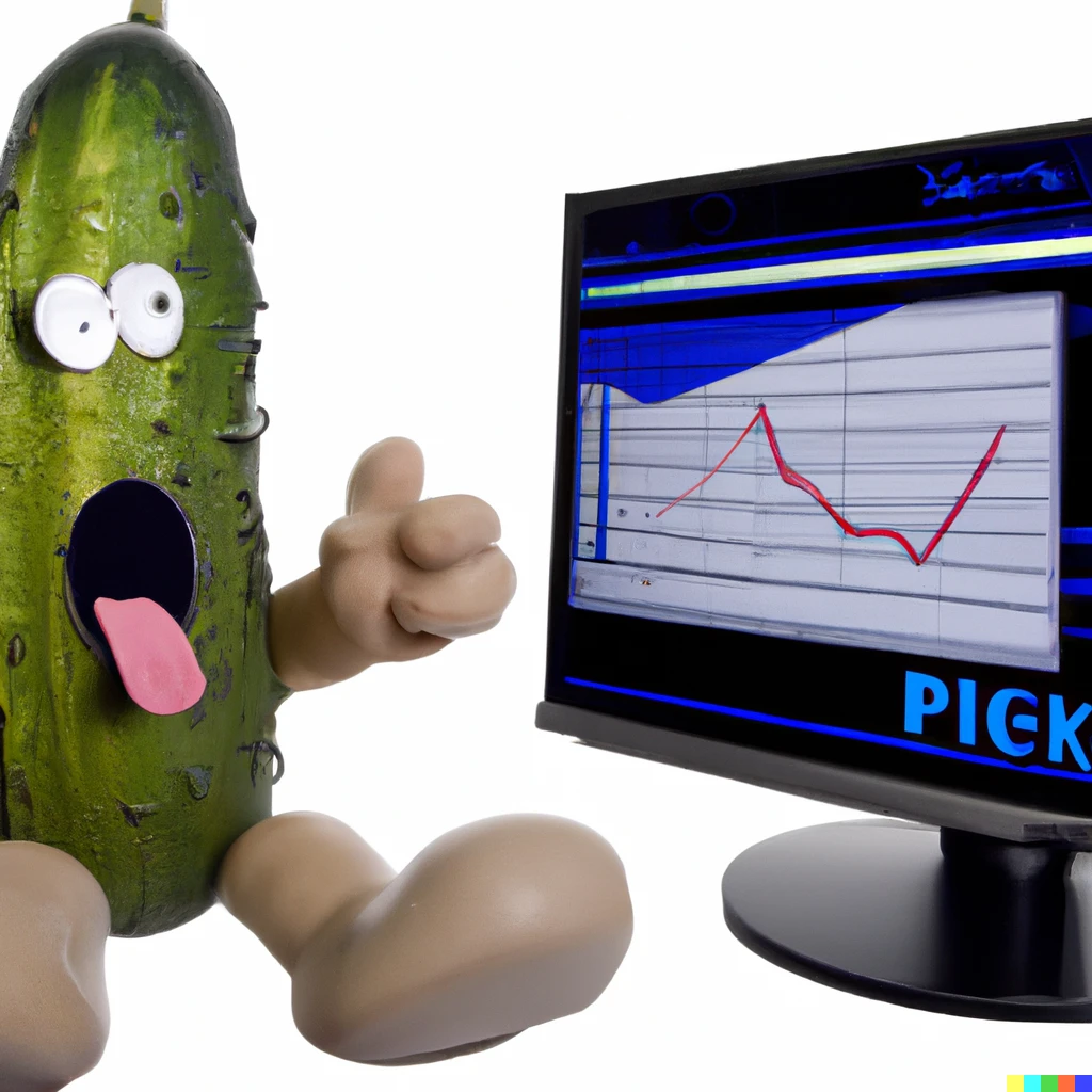 Prompt: a pickle sitting at a computer looking at stock charts screaming for the price to go up