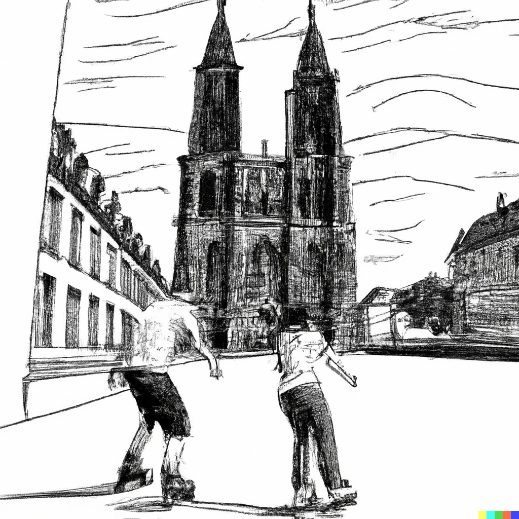 Prompt: A drawing of a couple rollerblading in front of Strasbourg Cathedral
