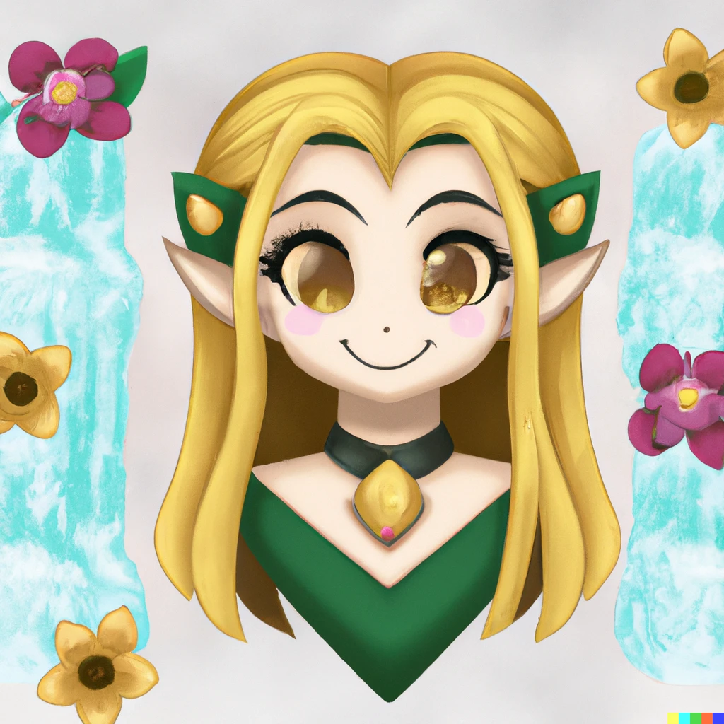 Prompt: A breath of the wild Zelda smiling with two waterfalls and flowers in the background 
