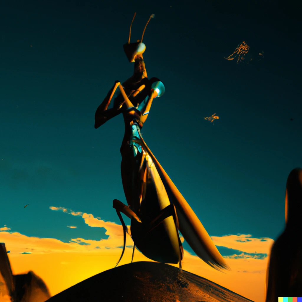 Prompt: The goddess of mantids on the surface of Mars, digital art