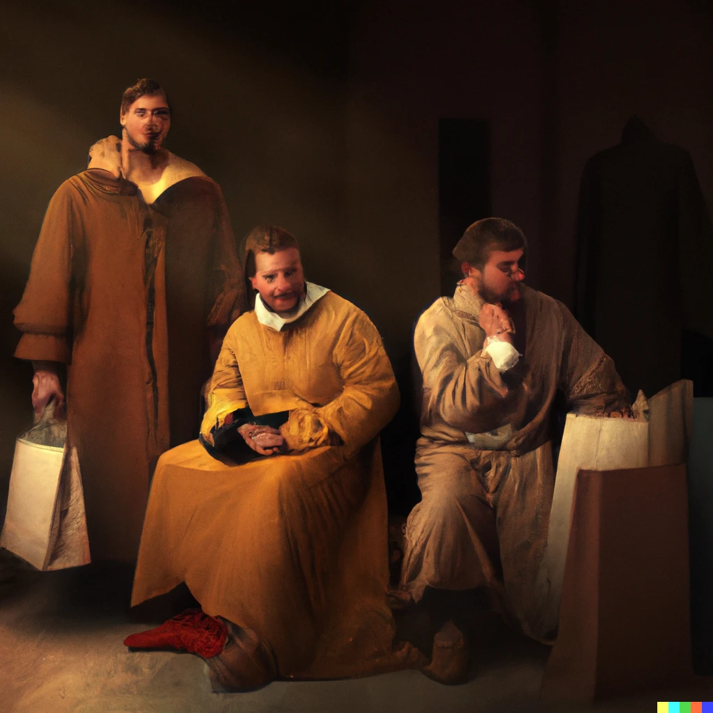 Prompt: Husbands waiting for their wives shopping, in the style of Rembrandt 