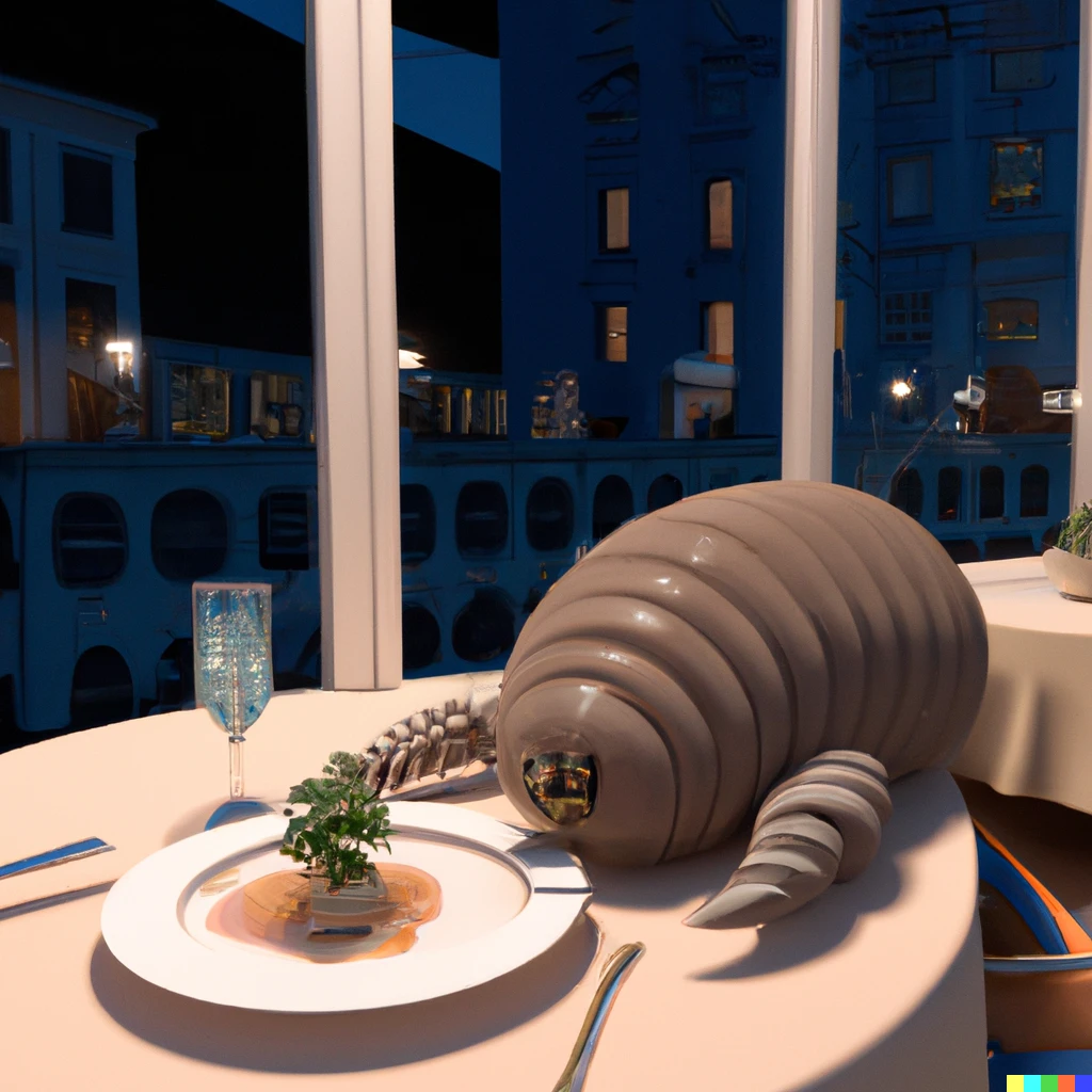Prompt: 3d rendering of one tardigrade dining at a fancy restaurant
