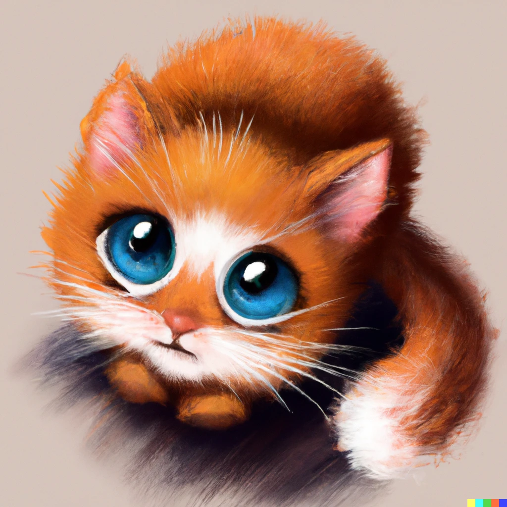 Prompt: A fluffy orange kitten with big glittering blue eyes, begging for snack, digital drawing