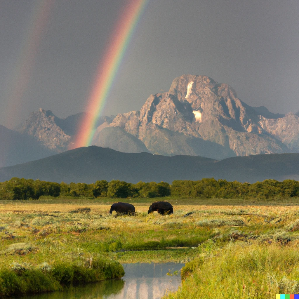 Prompt: A double rainbow made with rainbow trout with the tetons in the background with elephants with big tusks grazing in the valley