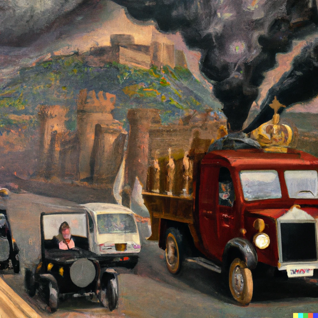 Prompt: A renaissance oil painting of the queen of England driving a hearse shaped like a world war two Lorrry while German bombers are dropping incendiary bombs on Windsor Castle.