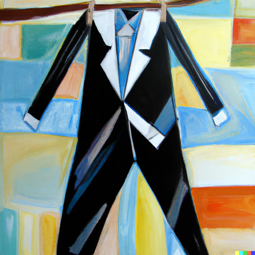 Prompt: Hanging ten on a clothesline wearing a tuxedo oil on canvas cubism