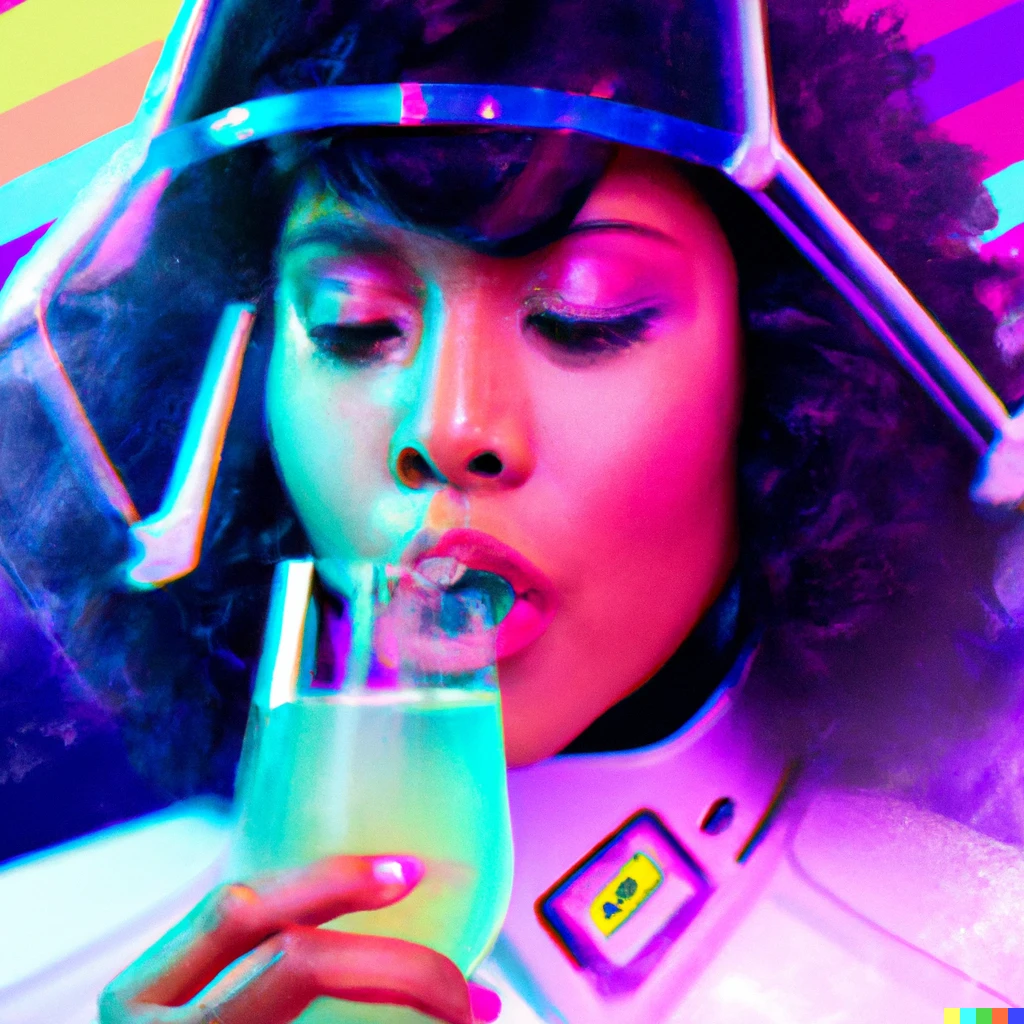 Prompt: a 80s astronat drinking a cocktail using vaporwave
