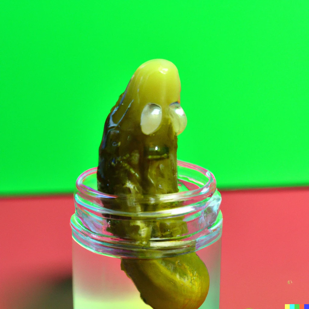 Prompt: Photograph of Pickle rick as a real pickle, sigma 105mm, 1.8f, 100iso, studio lighting