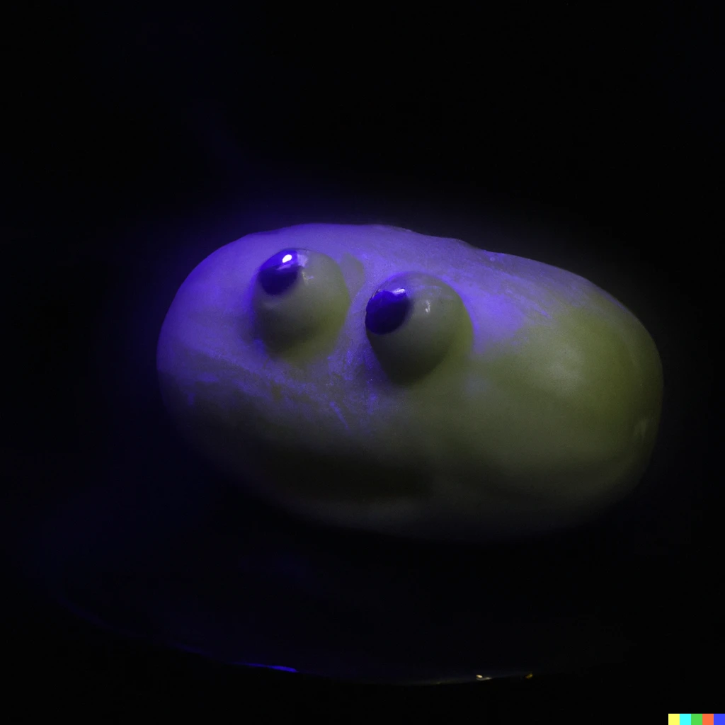 Prompt: Photograph of a pickle with 2 eyes a mouth and a bluish grey monobrow  laying on a black background, realistic, with neon lighting and fog