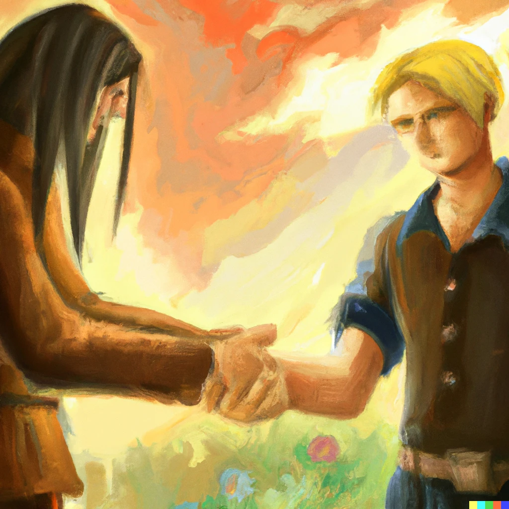 Prompt: eren yeagar and edward elric shaking hands in an impressionist painting