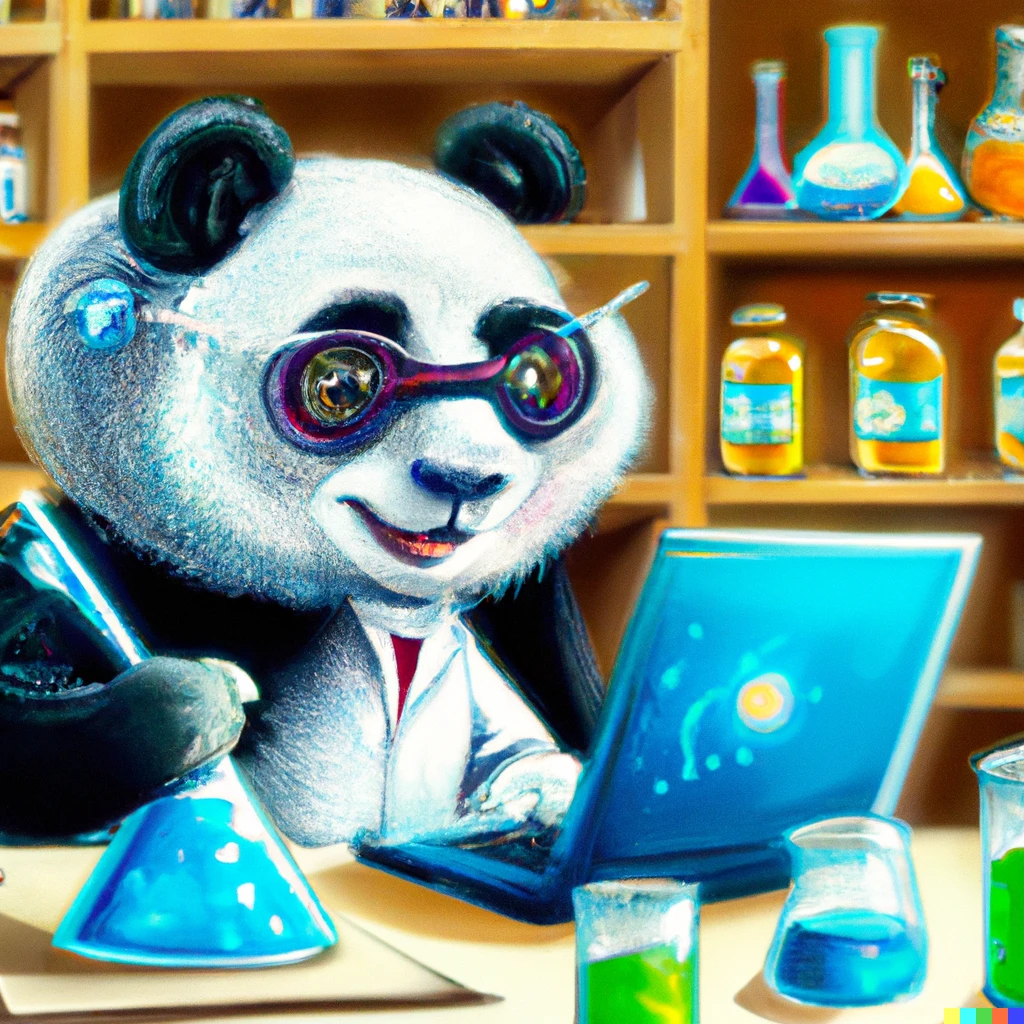 Prompt: a mad scientist panda playing with chemicals and using computer, oil paint