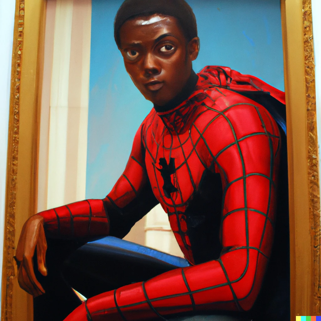 Dainis × DALL·E | A portrait of Miles Morales as Spider-Man by Kehinde  Wiley; scene: National Portrait Gallery