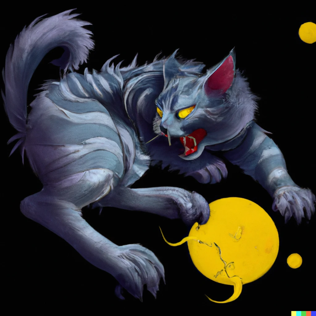 Prompt: wizards of the coast monster manual illustration of a cat with large sharp teeth, dnd, monster, attacking, moonlight