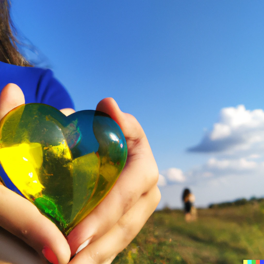 Prompt: Girl holding a yellow and blue glass heart, grass fields, blue sky, photograph