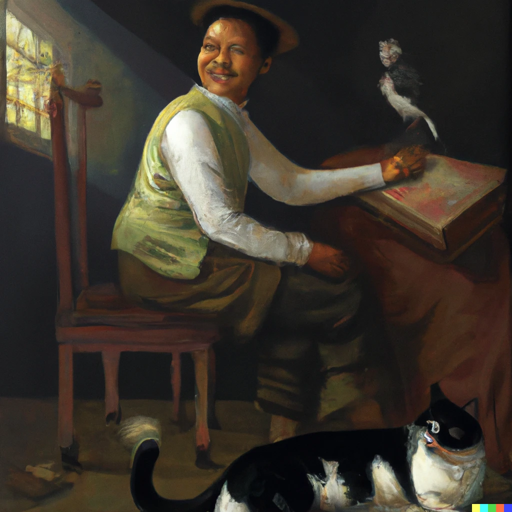 Prompt: Painting of an handsome Indonesian teacher with black and white cat besides him discovering the joy of lifelong learning by Rembrandt van Rijn