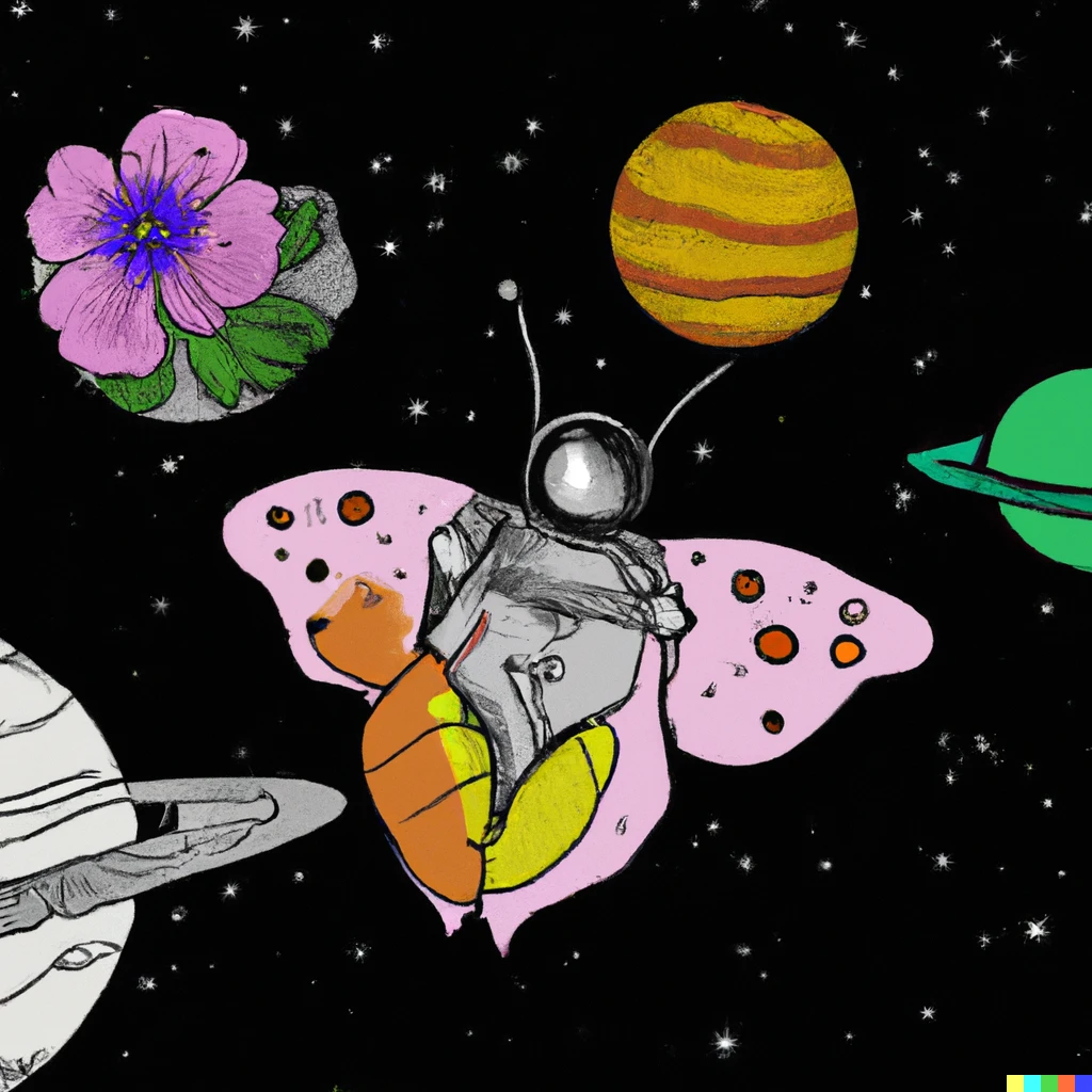Prompt: Butterfly wearing a spacesuit and sucking nectar in different planets