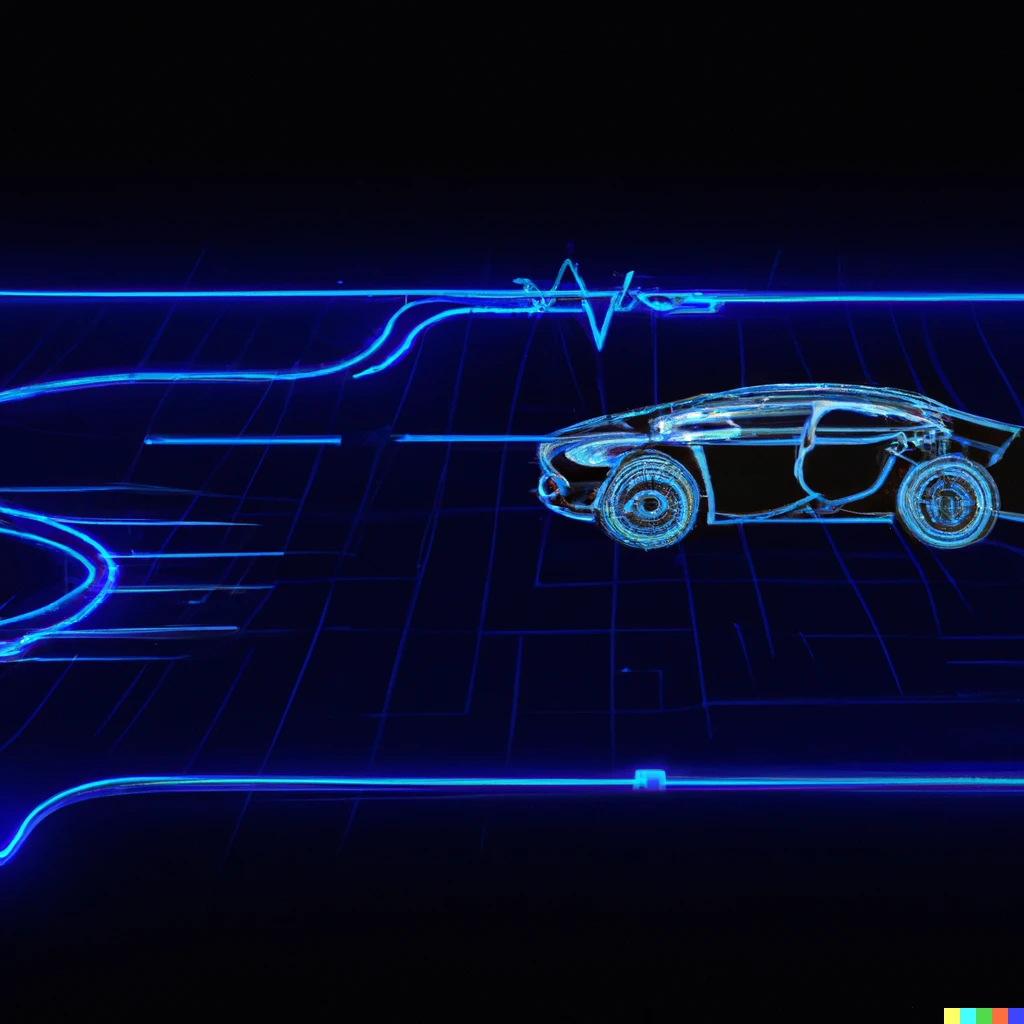 Prompt: Tron style Tesla car race on a neon blue computer circuit 