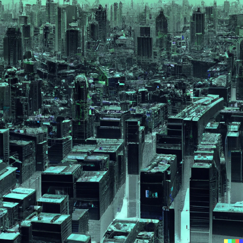 Prompt: A futuristic city full of skyscrapers, Matrix style