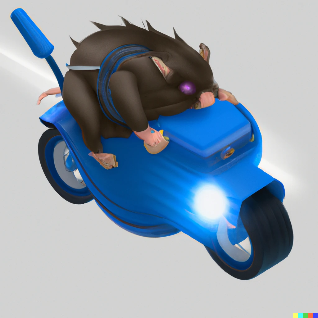 Prompt: Draw an Electric blue powerful futuristic motorcycle in a 3D style ridden by an excited cartoon hamster
