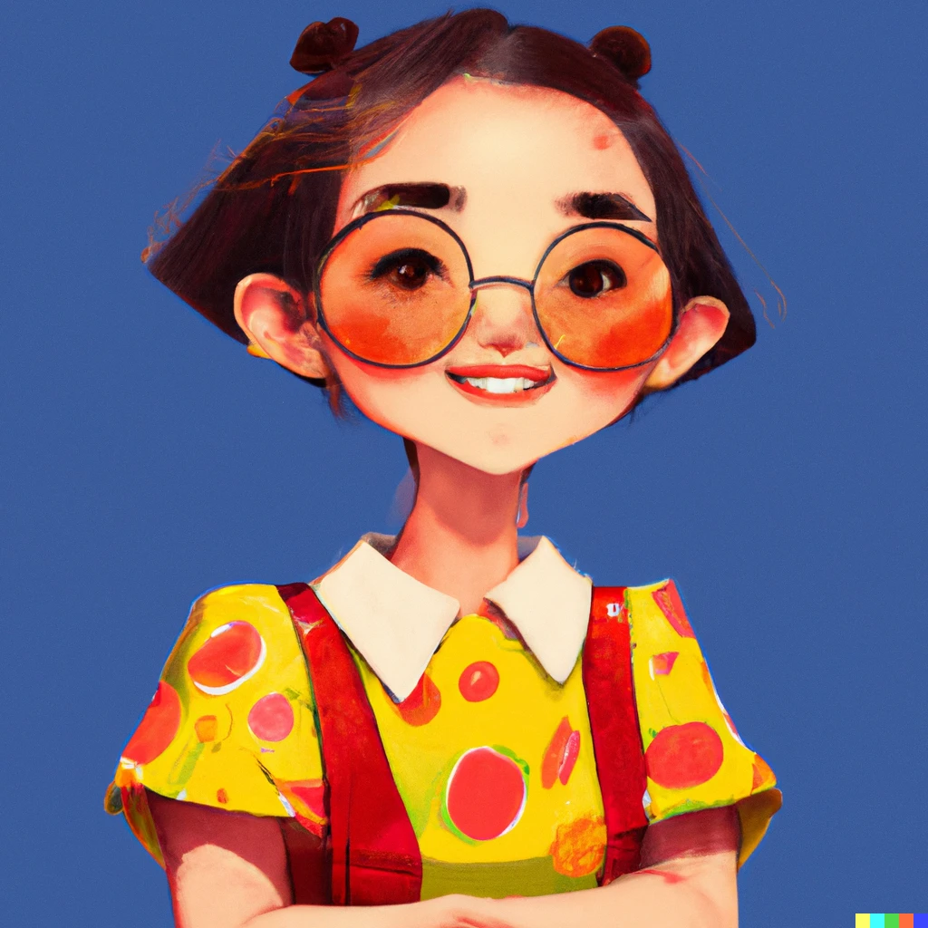 Prompt: A smiling girl buns and glasses wearing a colorful dress, digital art