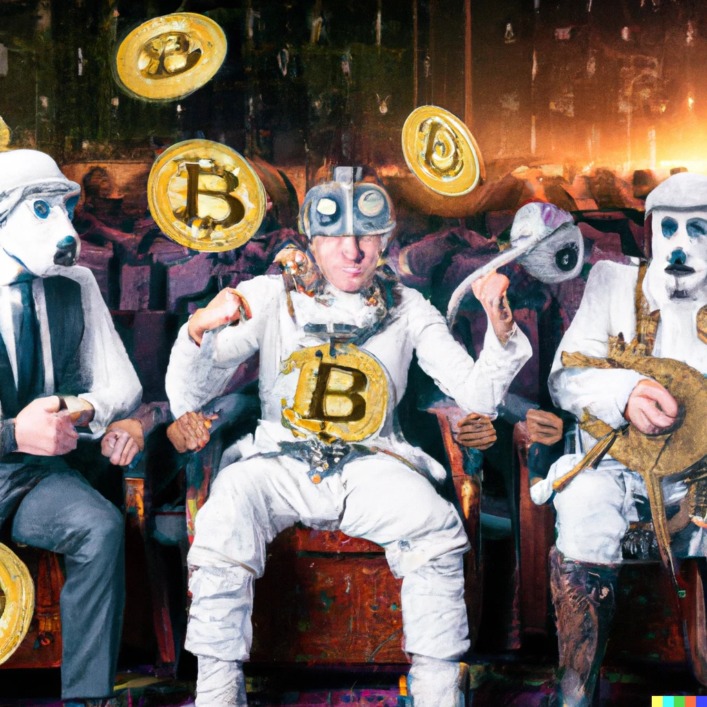 Prompt: Steam punk Storm troopers reacting to  Bitcoin crash at a movie theater